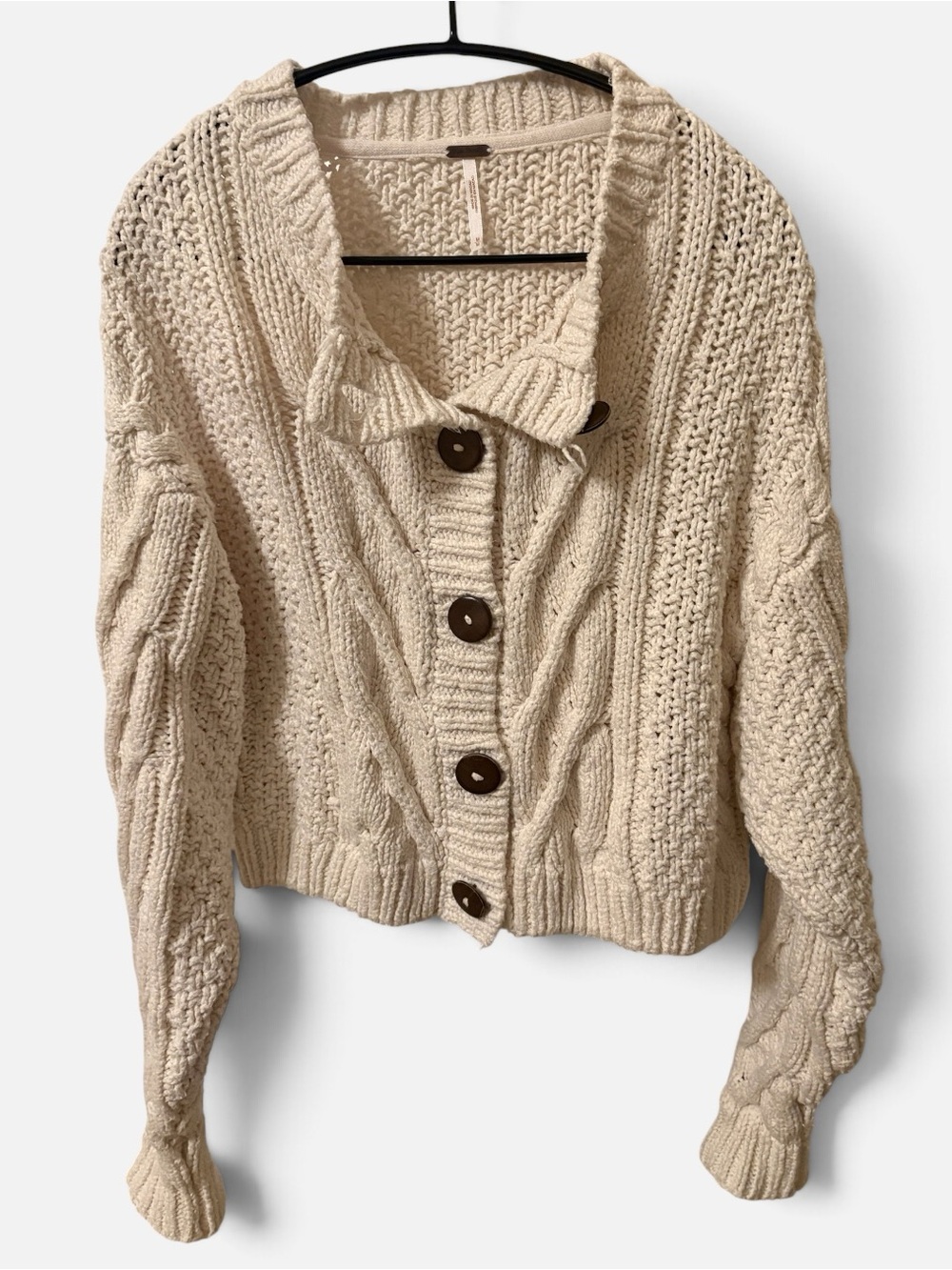 Free People Chunky Cable Knit Button-Up Cardigan in Cream